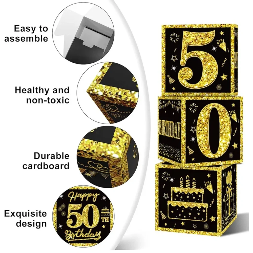 50th Birthday Decorations 3 pc. Boxes , Men Women, Black Gold Happy 50 Birthday